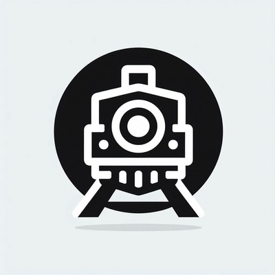 A black and white train icon on a light blue background