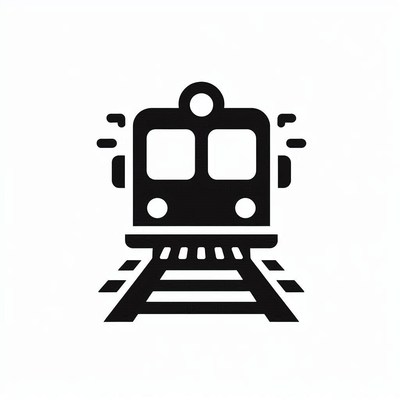 A black and white train icon on a white background