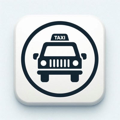 A simple black taxi icon on a white square