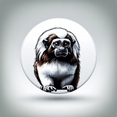 A black and white illustration of a monkey on a button