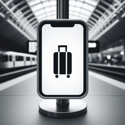 A luggage icon on a digital screen in a train station