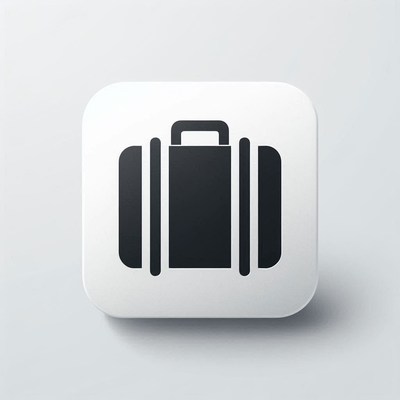 A simple black suitcase icon on a white background