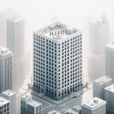 A white hotel building stands out in a foggy city