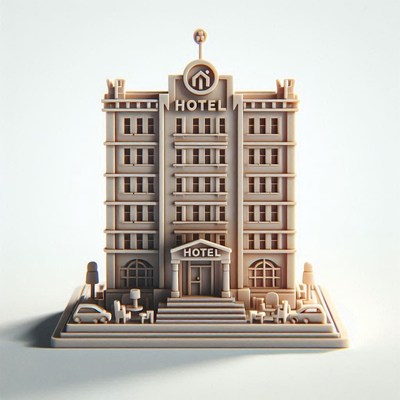 A miniature hotel model sits on a white surface