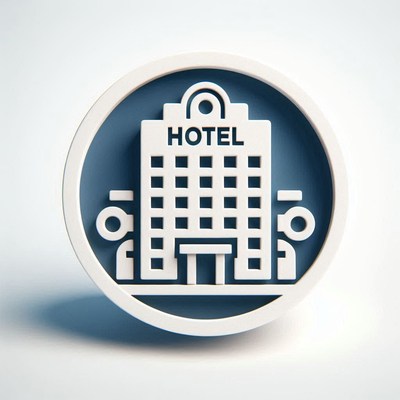 A white hotel icon on a blue background