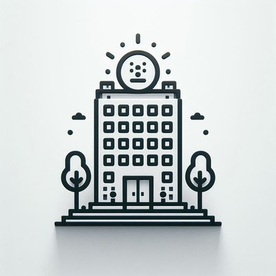 A line art drawing of a building with a sun on top