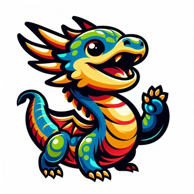 A cute, colorful dragon waves hello