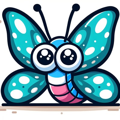 A cartoon butterfly with teal wings rests nearby