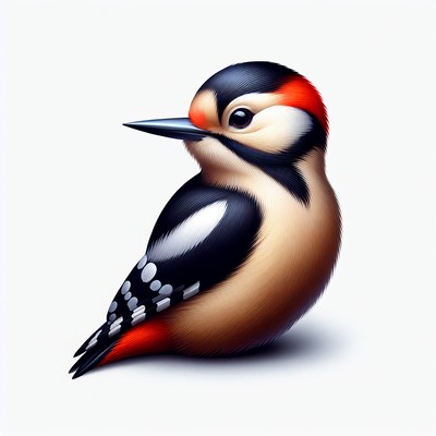 A great spotted woodpecker sits on a white background