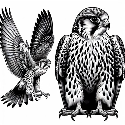 Two falcons are depicted in a black and white illustration