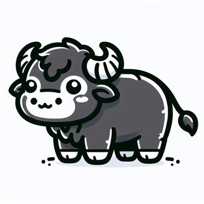 A cute cartoon buffalo stands on a white background