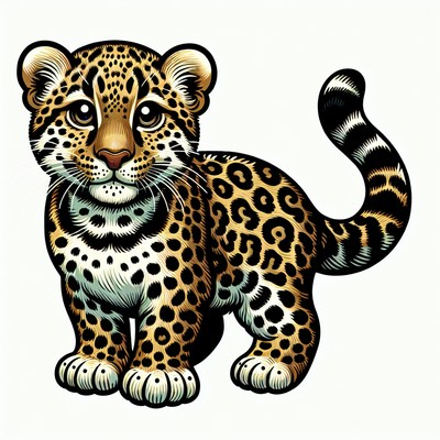 A young jaguar stands proudly on a white background