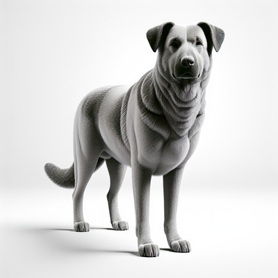 A large dog stands in a white studio