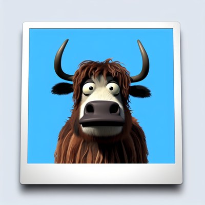 A cartoon yak in a photo booth looks surprised
