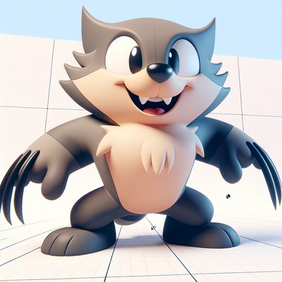 A happy cartoon wolf with claws stands in a white studio