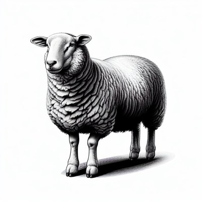 A black and white illustration of a sheep