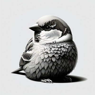 A sparrow sits on a white background