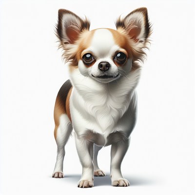 A small chihuahua stands on a white background