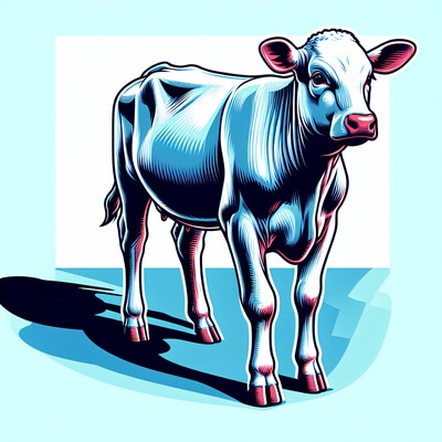 A white cow stands on a blue background