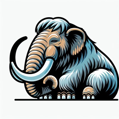 A cartoon mammoth sits with its tusk curled