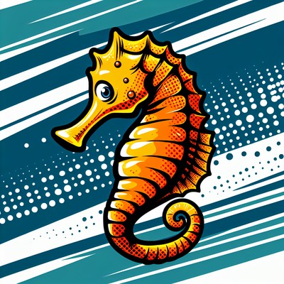 A yellow seahorse swims against a blue and white background