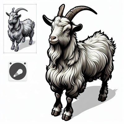 A black and white illustration of a goat