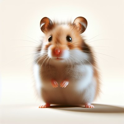 A fluffy hamster stands on a white surface