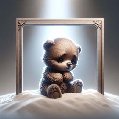 A small, furry bear sits sadly in a frame