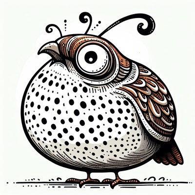A cartoon quail with a big eye gazes at you