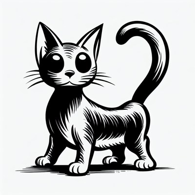 A black and white illustration of a cat with big eyes