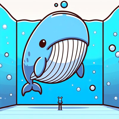 A cartoon whale swims in a blue mural