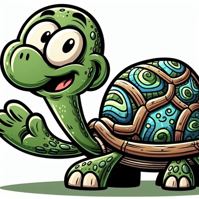 A cartoon turtle waves hello with a big smile