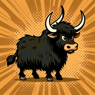 A black yak stands on a yellow background