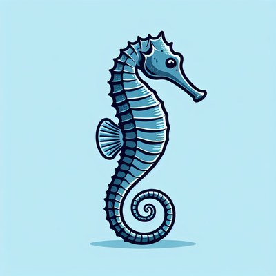 A blue seahorse with a curled tail