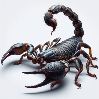 Black scorpion with orange accents on white