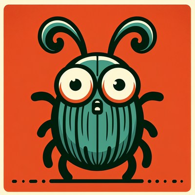 A cartoon bug with big eyes stands on an orange background
