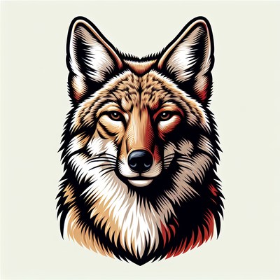 A coyote's head, illustrated with fine detail