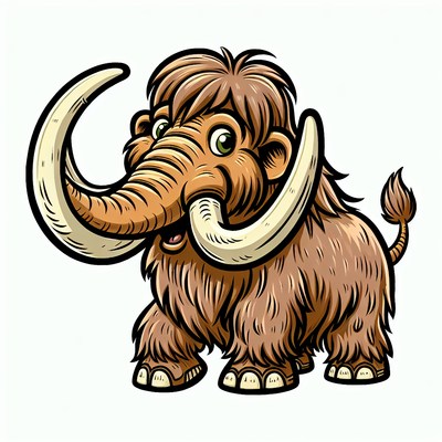Cartoon mammoth with long tusks on white