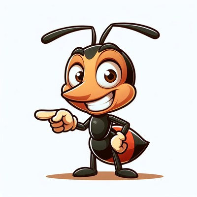 A smiling cartoon ant points to the right