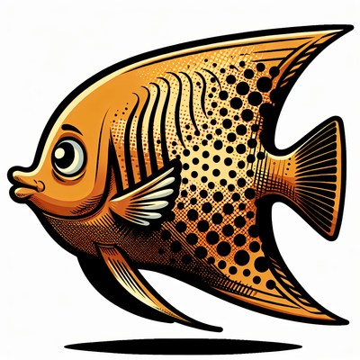 A cartoon orange fish swims through the water