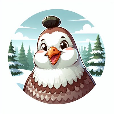 A happy bird smiles in a snowy forest
