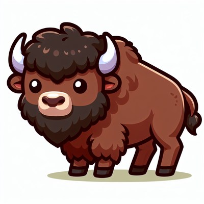A cute cartoon buffalo stands on a white background