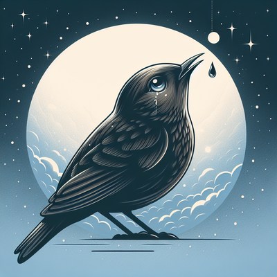 A blackbird sings under the moon at night
