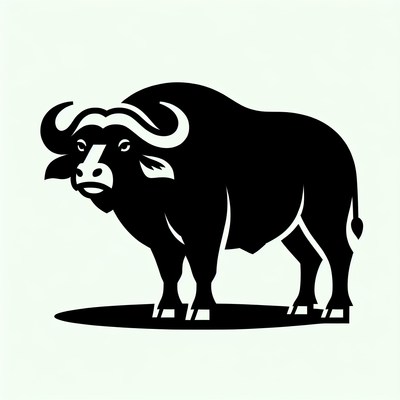 A black buffalo stands on a white background