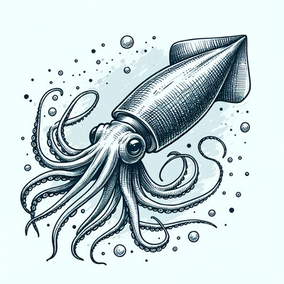 Squid with outstretched tentacles drawing