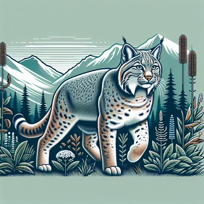 A bobcat strolls in a snowy mountain forest