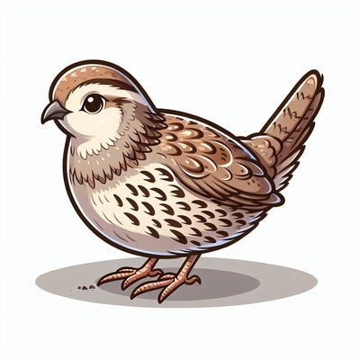 A brown and white quail stands on a gray surface