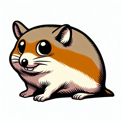 A cartoon hamster with big eyes sits on a white background