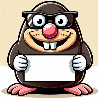 A happy mole wearing glasses holds a blank sign