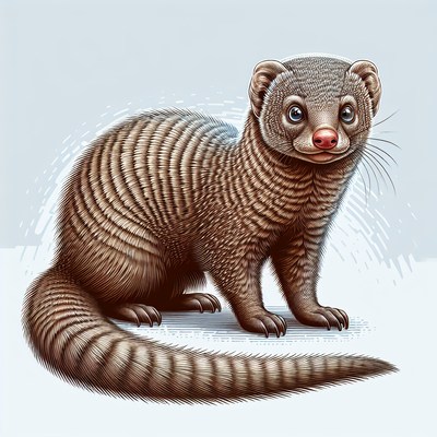 A banded mongoose stands on a white background